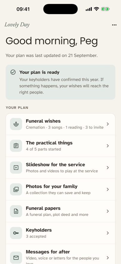 The home screen, listing the parts of a plan
